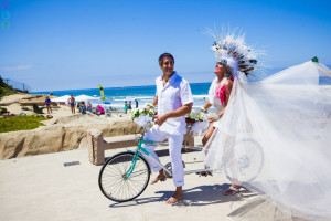 Bride and Groom on Bicycle USA California Beach Wedding Sky Simone (3)