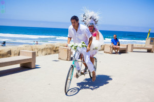 Bride and Groom on Bicycle USA California Beach Wedding Sky Simone (4)