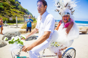 Bride and Groom on Bicycle USA California Beach Wedding Sky Simone (5)