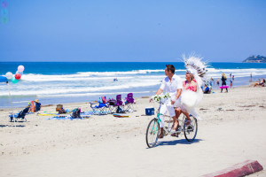 Bride and Groom on Bicycle USA California Beach Wedding Sky Simone (7)