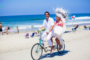 Bride and Groom on Bicycle USA California Beach Wedding Sky Simone (8)