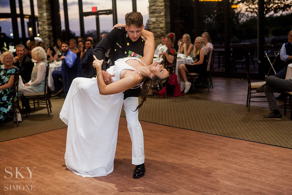 Bride and groom dance on the dancefloor during wedding reception